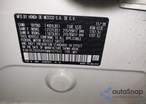 2021 Honda Hr-V 2Wd Ex из США, поврежденный, VIN 3CZRU5H50MM707542